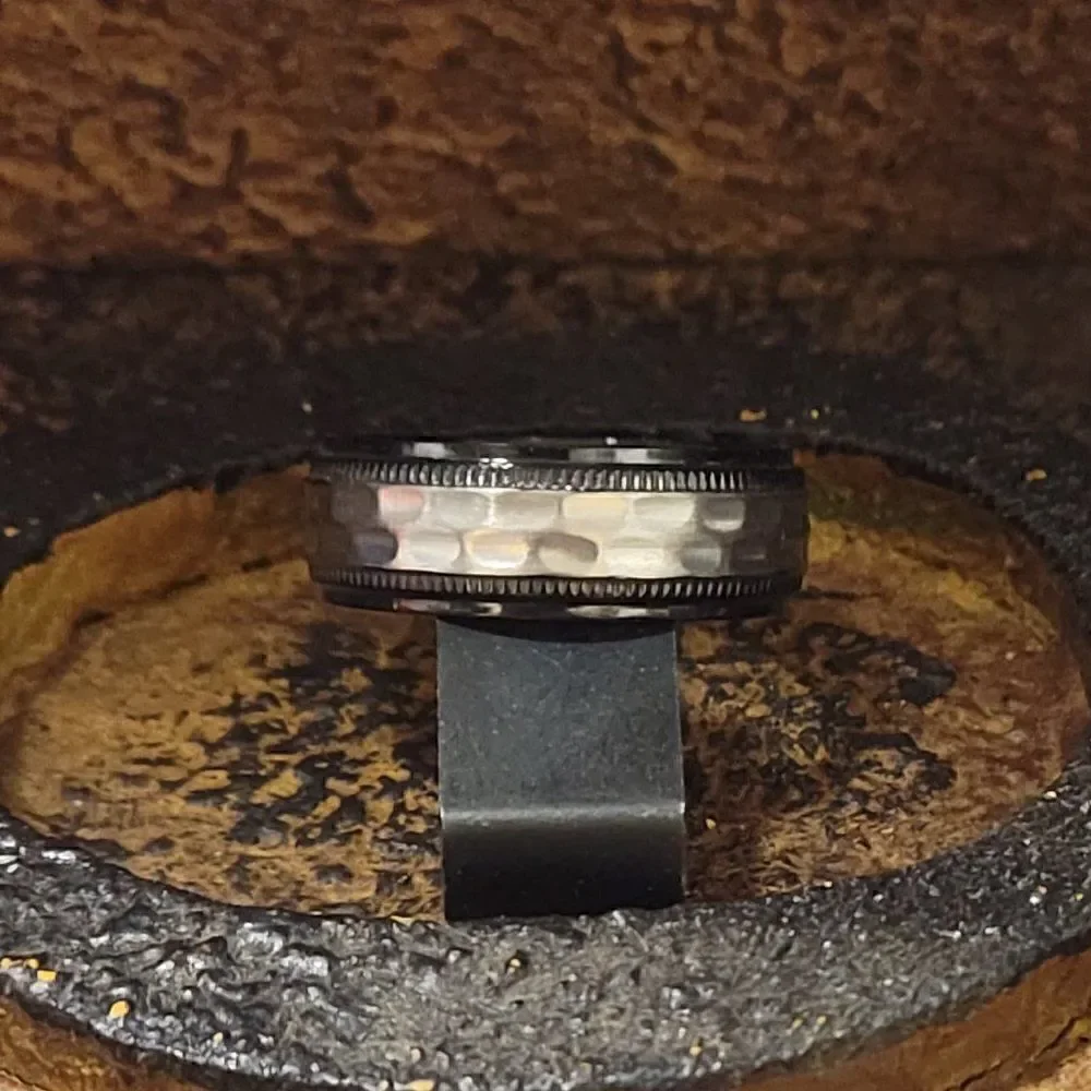 Men's Hammered Titanium Promise Ring Band - Black and Silver Hammered Titanium